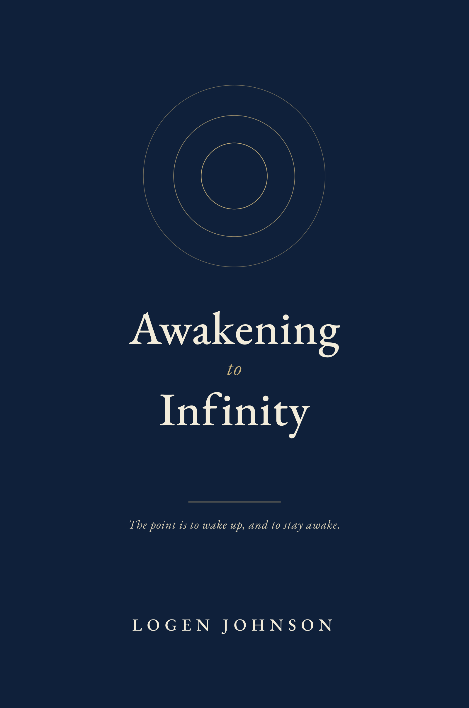 Awakening to Infinity — hardcover front cover: three gold rings on navy